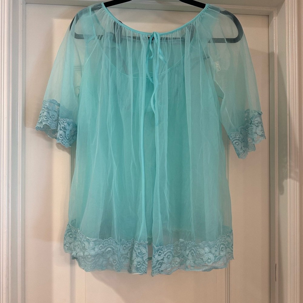 Sheer Vintage Aqua with Lace Trim Babydoll Lingerie Set